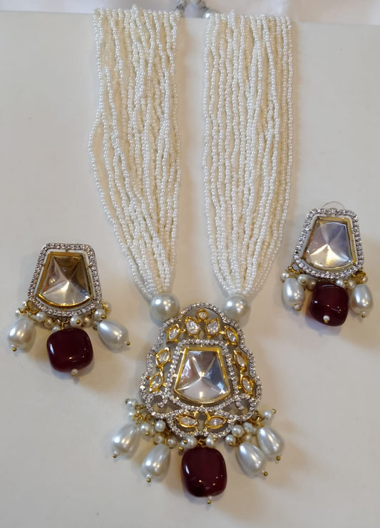 RED & KUNDAN NECKLACE SET & PEARLS STRING