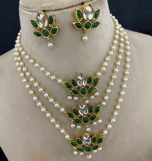 THREE LARI NECKLACE SET IN GREEN & KUNDAN