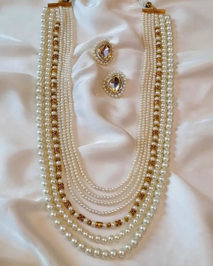 WHITE PEARL MALA WITH KUNDAN TOPS