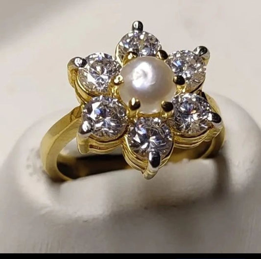 ZIRCON & PEARL RING IN SILVER WITH GOLD PLATING