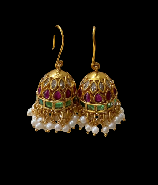 JHUMKIS IN RED & GREEN WITH PEARLS