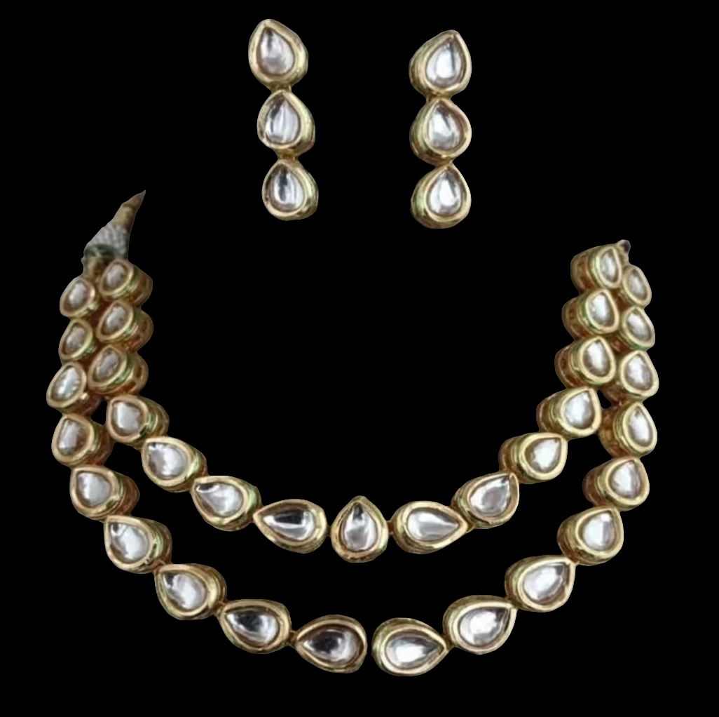 ELEGANT INDIAN KUNDAN DOUBLE LAYERED NECKLACE SET