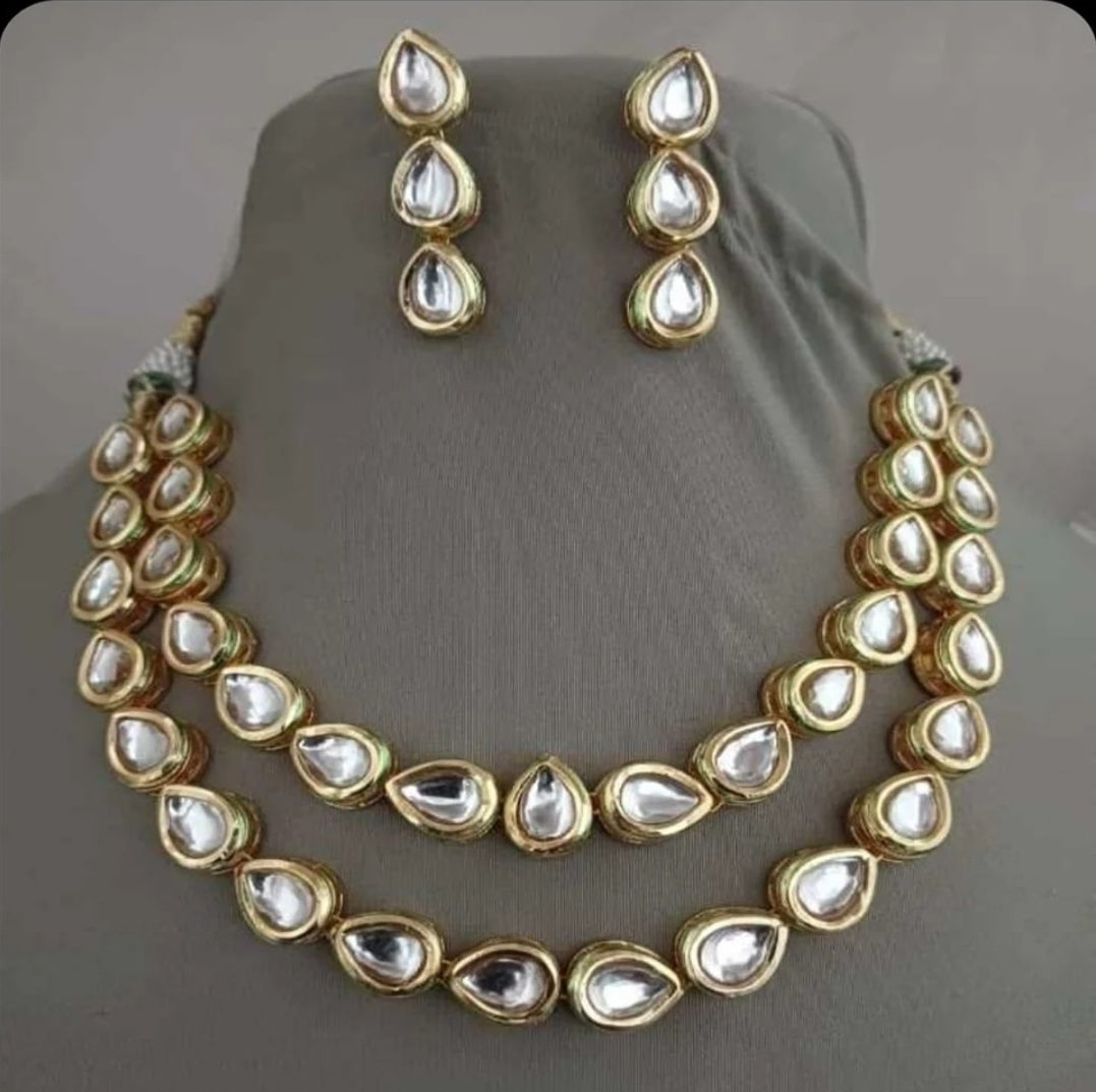 ELEGANT INDIAN KUNDAN DOUBLE LAYERED NECKLACE SET