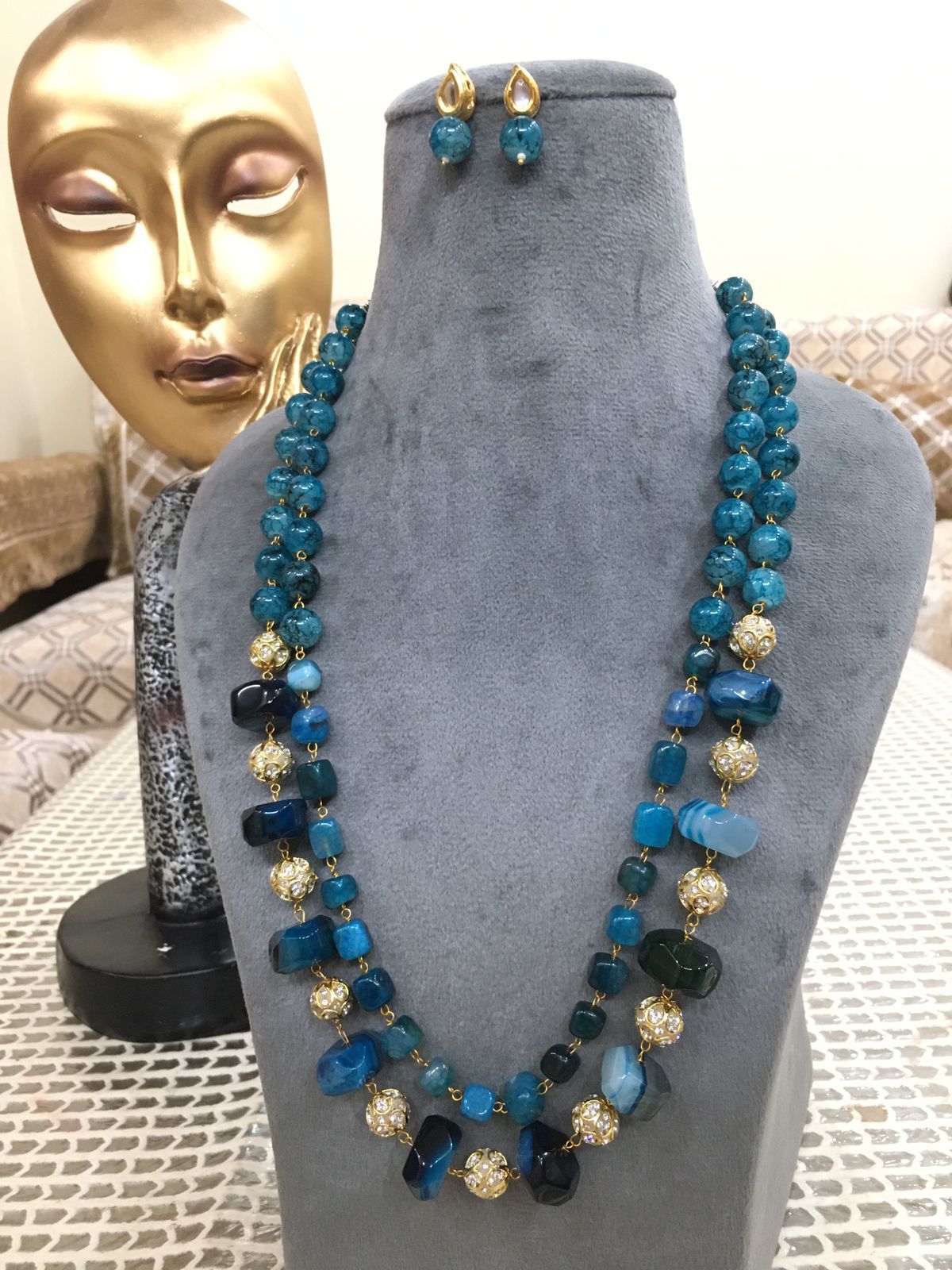 INDIAN DOUBLE LAYERED MALA SET IN SHADES OF BLUE